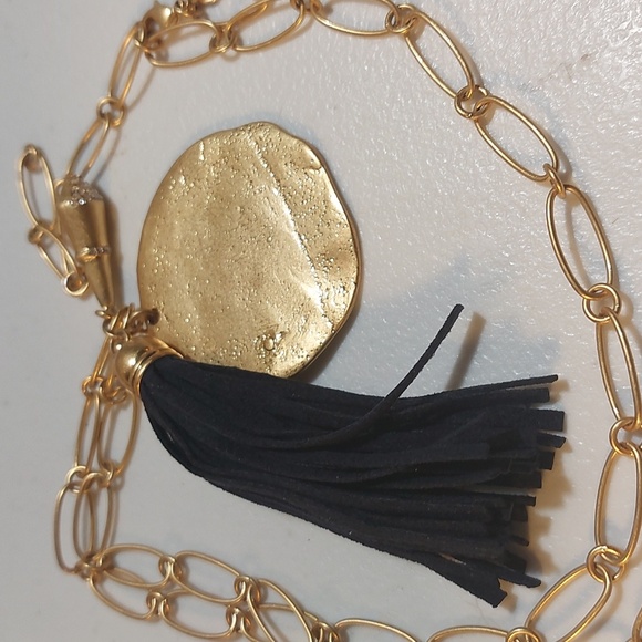 Stella & Dot Carla Suede Tassel Paved Charm Gold Tone Disc Statement Necklace - Picture 2 of 7